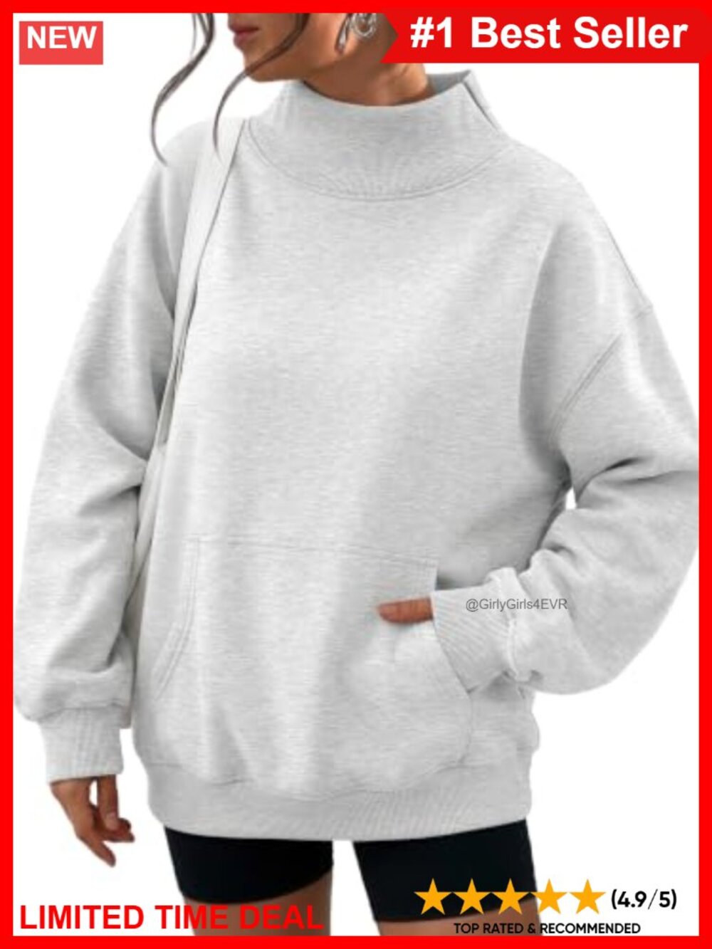 Oversized Mock Neck Fleece Sweatshirt Kangaroo Pocket Pullover